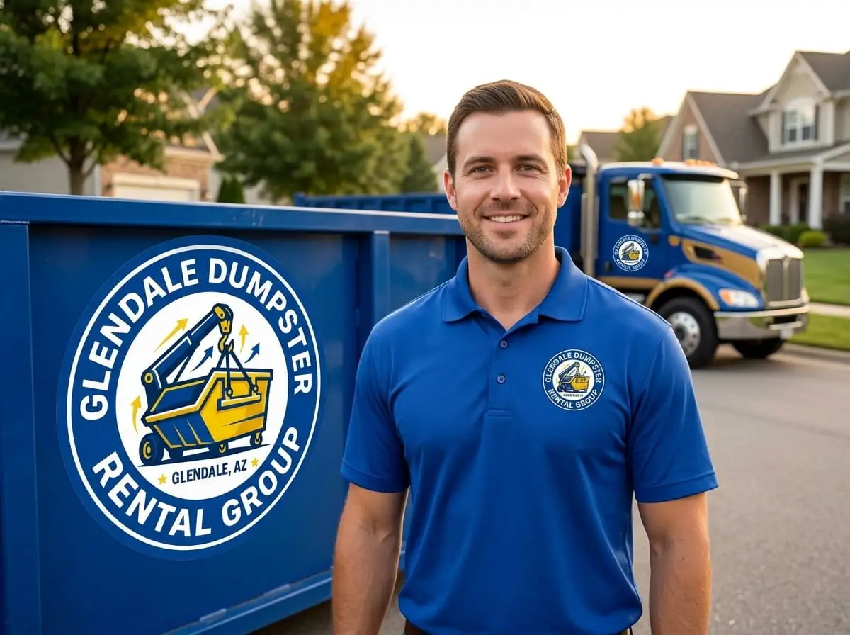 Speaking with a Glendale Dumpster Rental Group driver beside a roll-off container