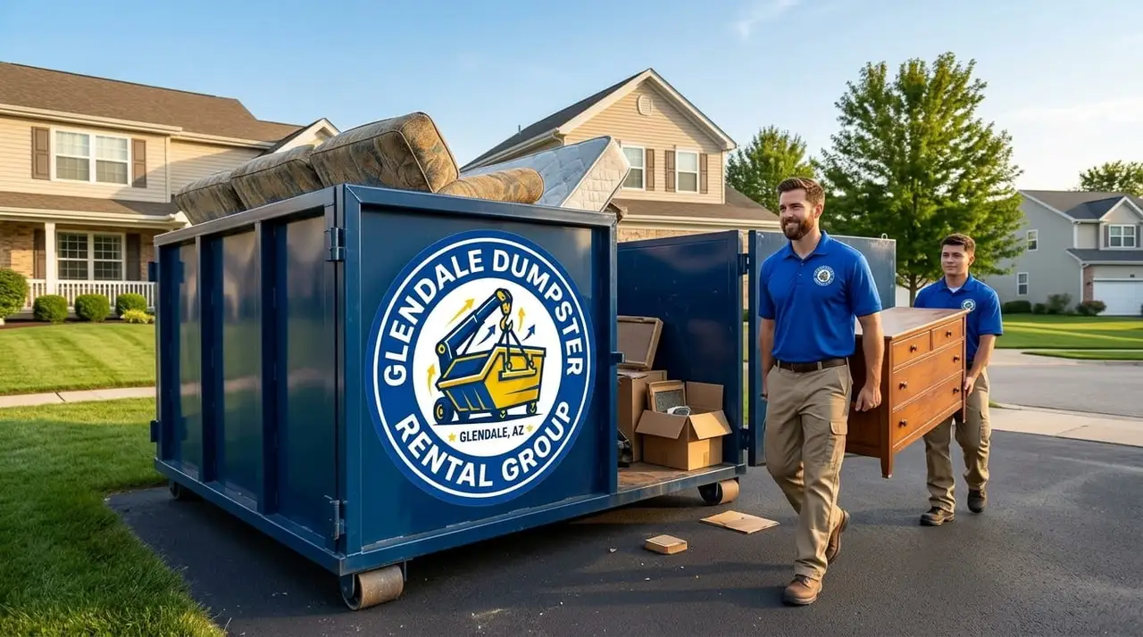 Glendale Dumpster Rental Group crew answering questions beside a roll-off container