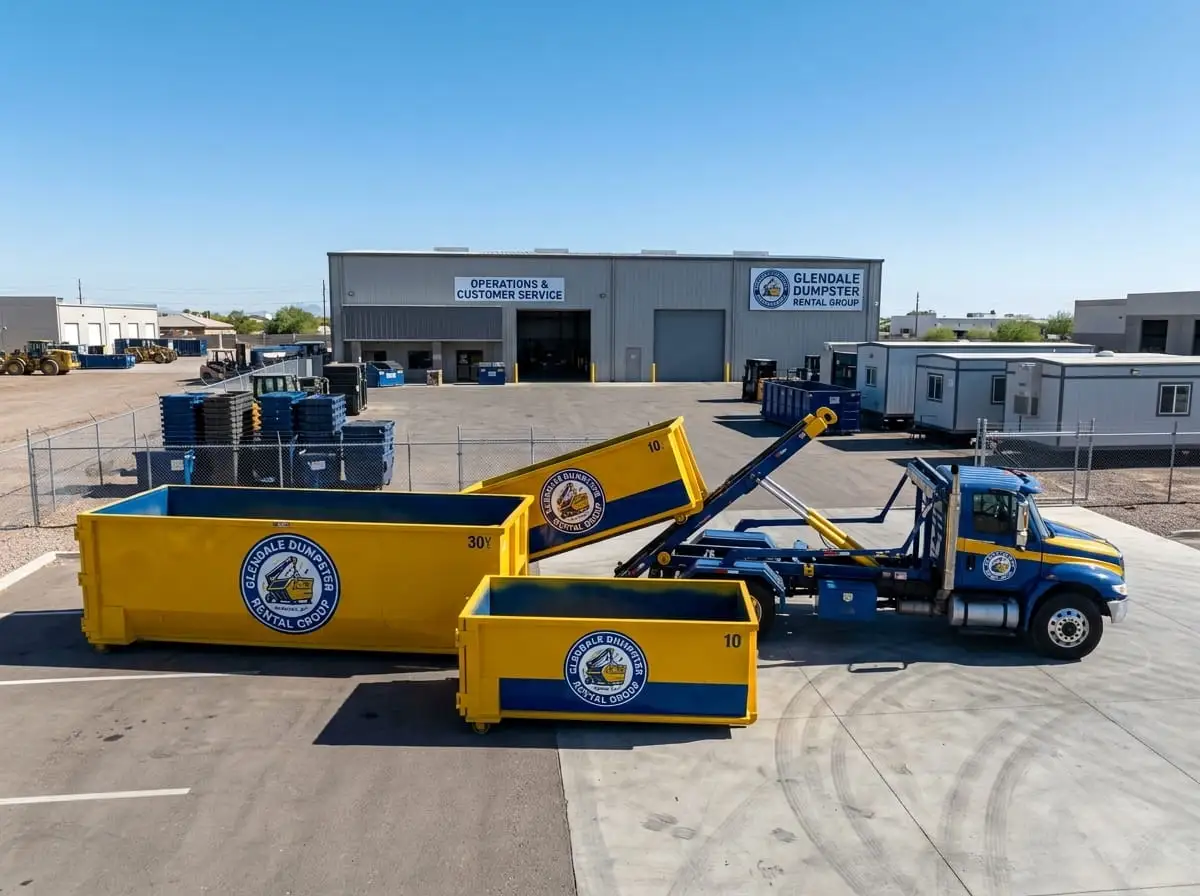 Glendale Dumpster Rental Group team at the Glendale yard preparing a roll-off delivery